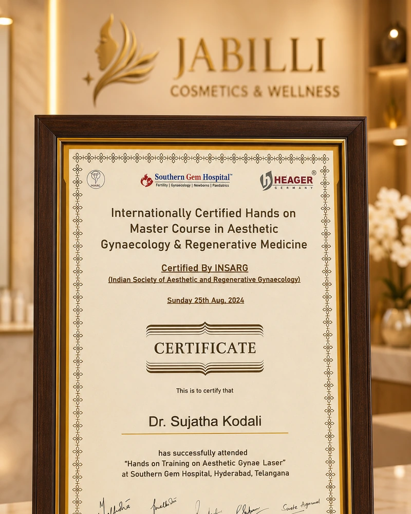 INSARG Certificate at Jabilli Cosmetics clinic
